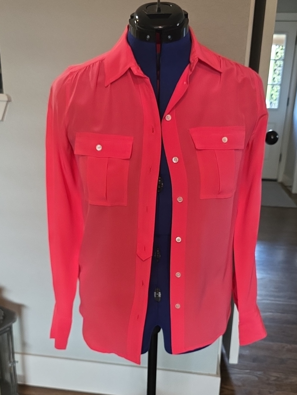 N. Crew Women's Neon Coral Button-Up Silk Shirt
